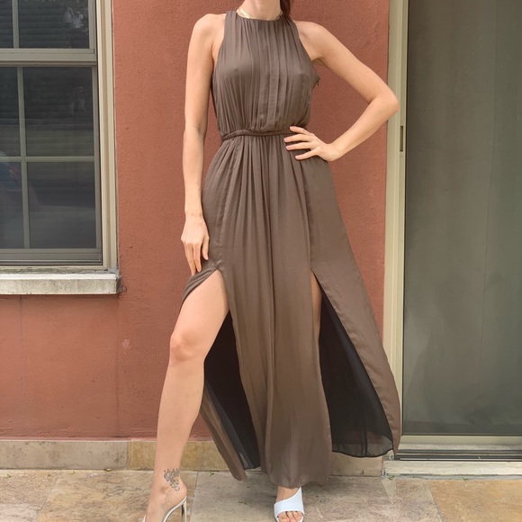 Zara Dresses Zara Brown Bridesmaid Satin Pleated Maxi Dress Poshmark